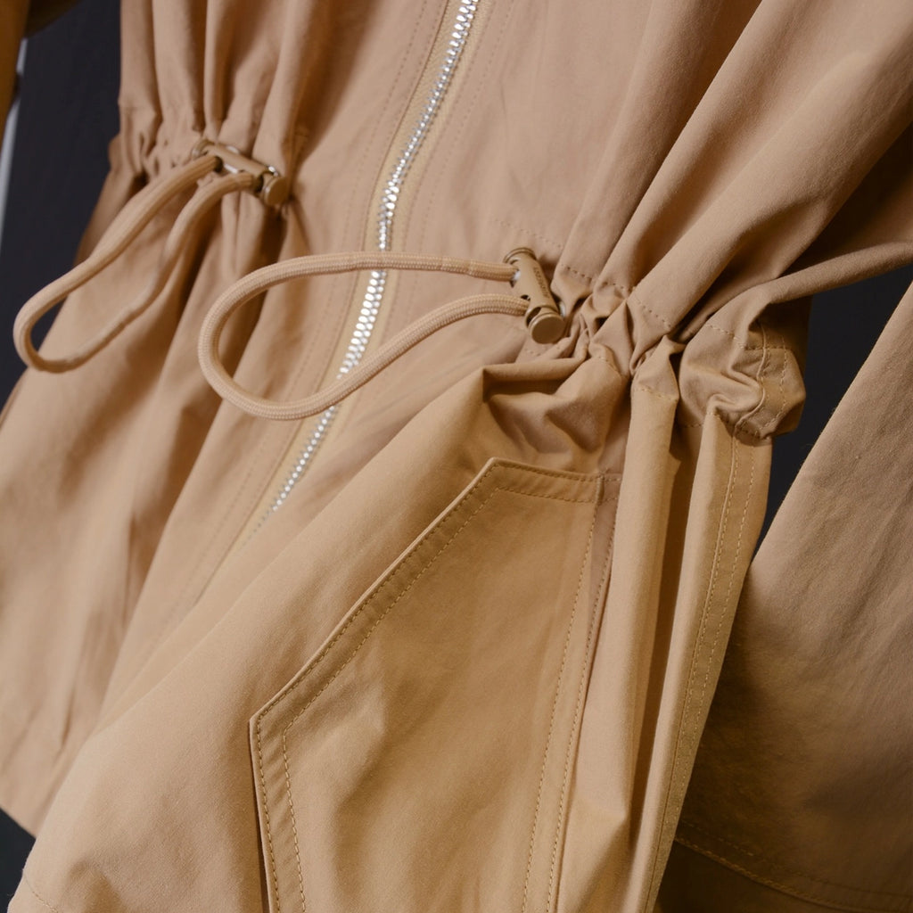 Hooded zip-up jacket, waist-cinched mid-length trench coat