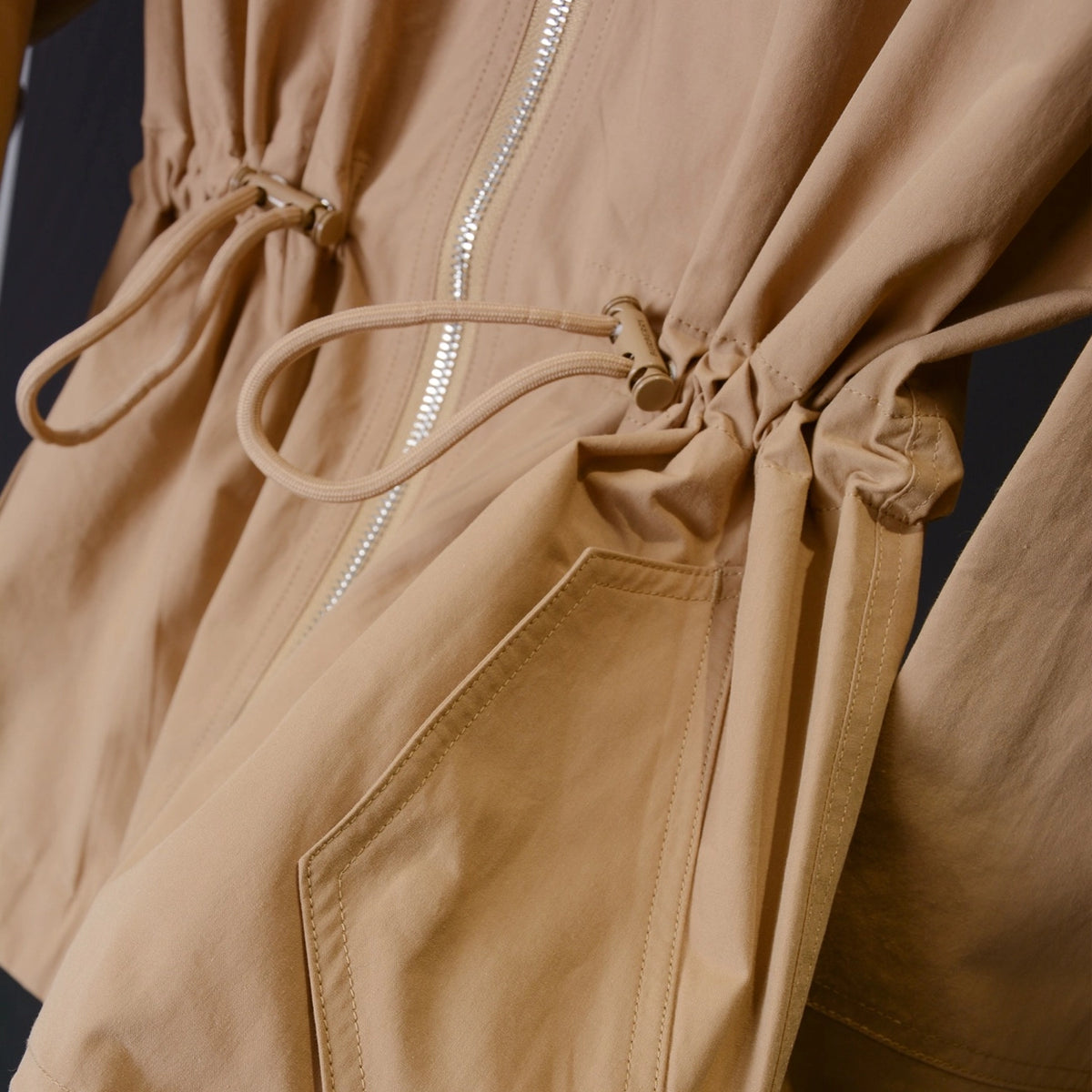Hooded zip-up jacket, waist-cinched mid-length trench coat