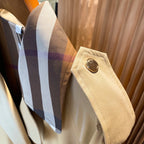 Women's long gabardine fabric trench coat with plaid lapel - Caramel