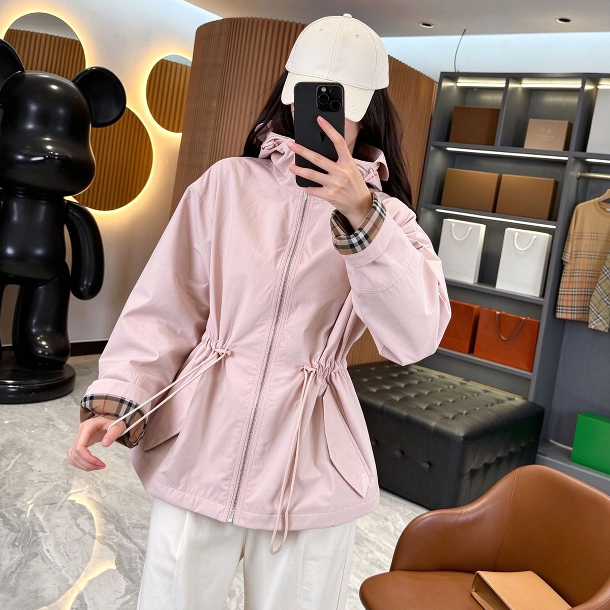 Women's Simple Hooded Waist-Cinching Trench Coat Zipper Jacket - Light Blush Red, Green