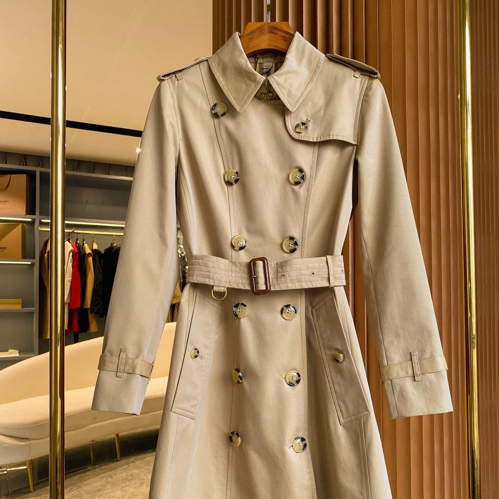 Women's mid-length gabardine double-breasted windproof trench coat