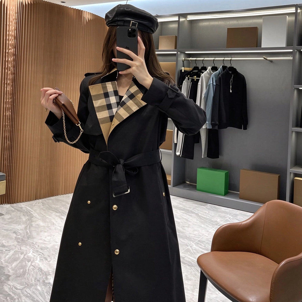 Women's large check collar cotton blend trench long coat