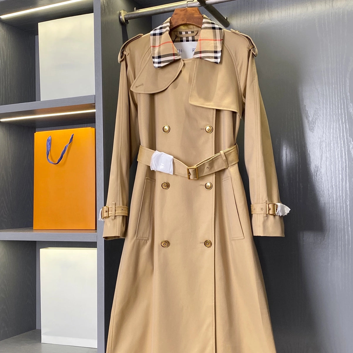 Women's Long Plaid Collar Windbreaker Coat - Khaki, Black