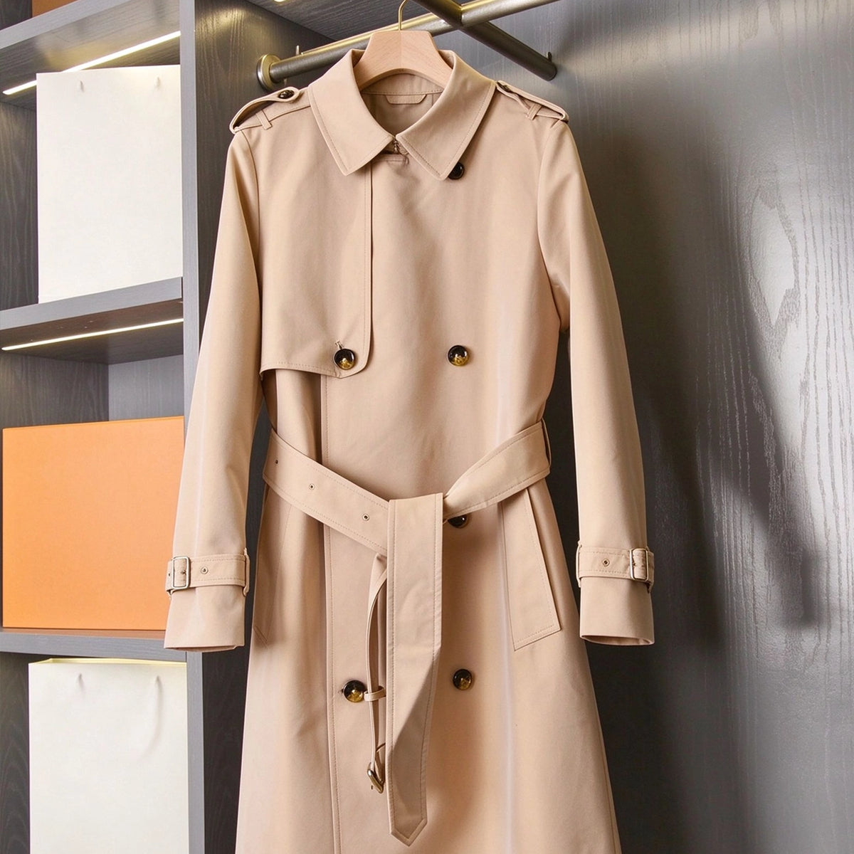 Women's Long Gabardine Trench Coat Double-Breasted Raglan Sleeve Belted Windbreaker - Khaki
