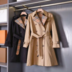British-style long gabardine trench coat, classic fitted trench jacket - Khaki, black