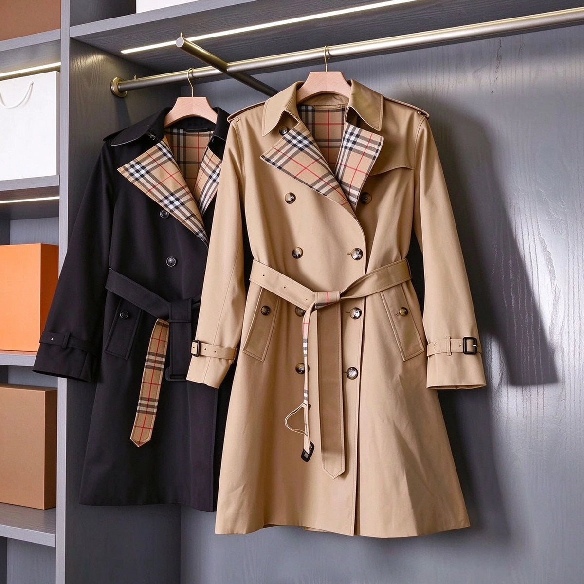 British-style long gabardine trench coat, classic fitted trench jacket - Khaki, black