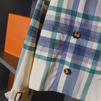 Waist-length short double-breasted blue-green plaid patchwork trench coat, women's fitted jacket - Tide Blue