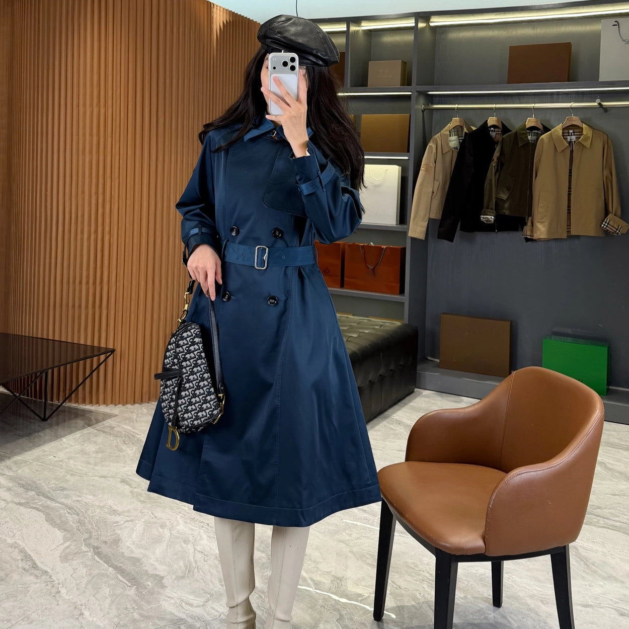 Long lightweight gabardine trench coat with belt, windproof jacket - Sailor Blue, Khaki