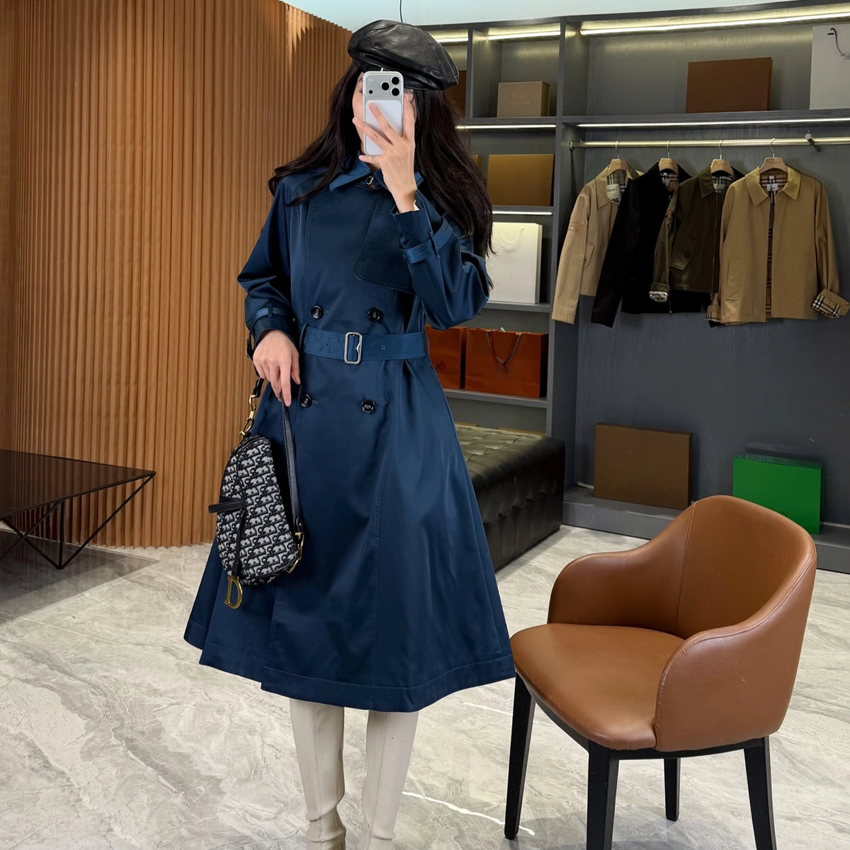 Long lightweight gabardine trench coat with belt, windproof jacket - Sailor Blue, Khaki
