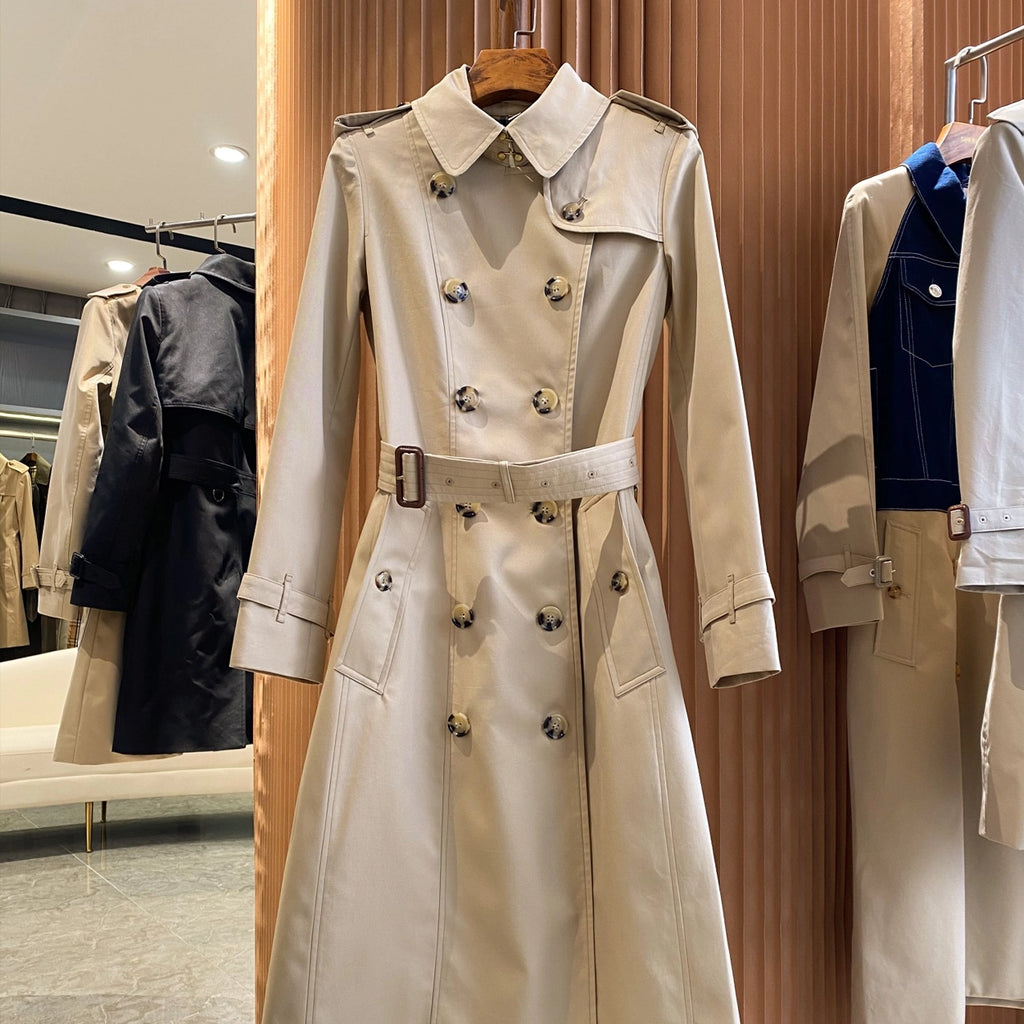 Women's Long Gabardine Double-Breasted Windproof Trench Coat