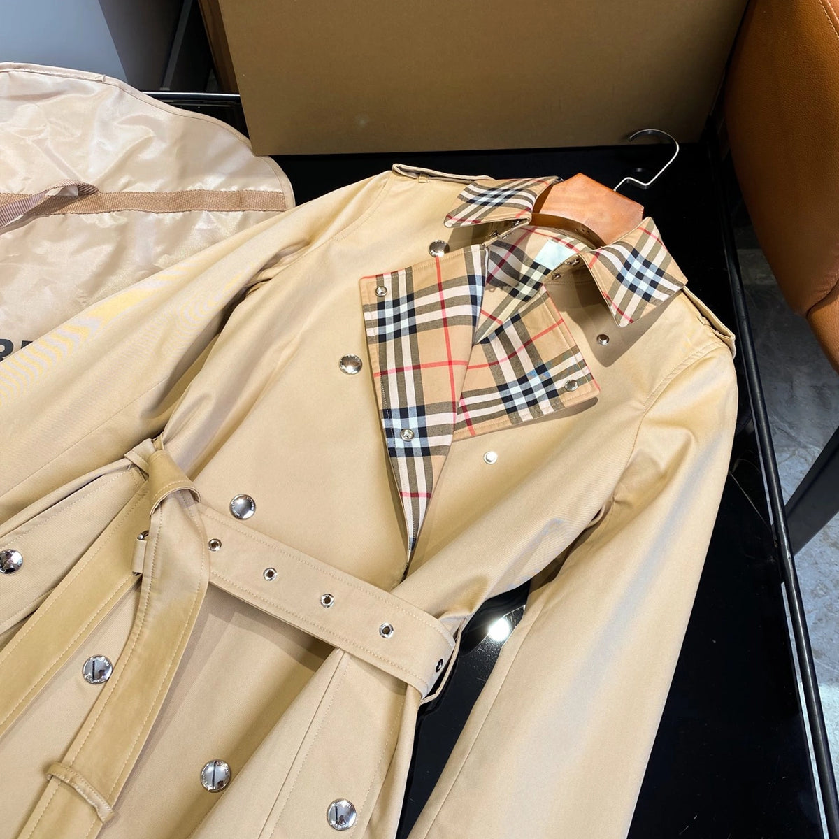 Women's Trench Coat with Checkered Lining Detail, Cotton - Available in Two Colors