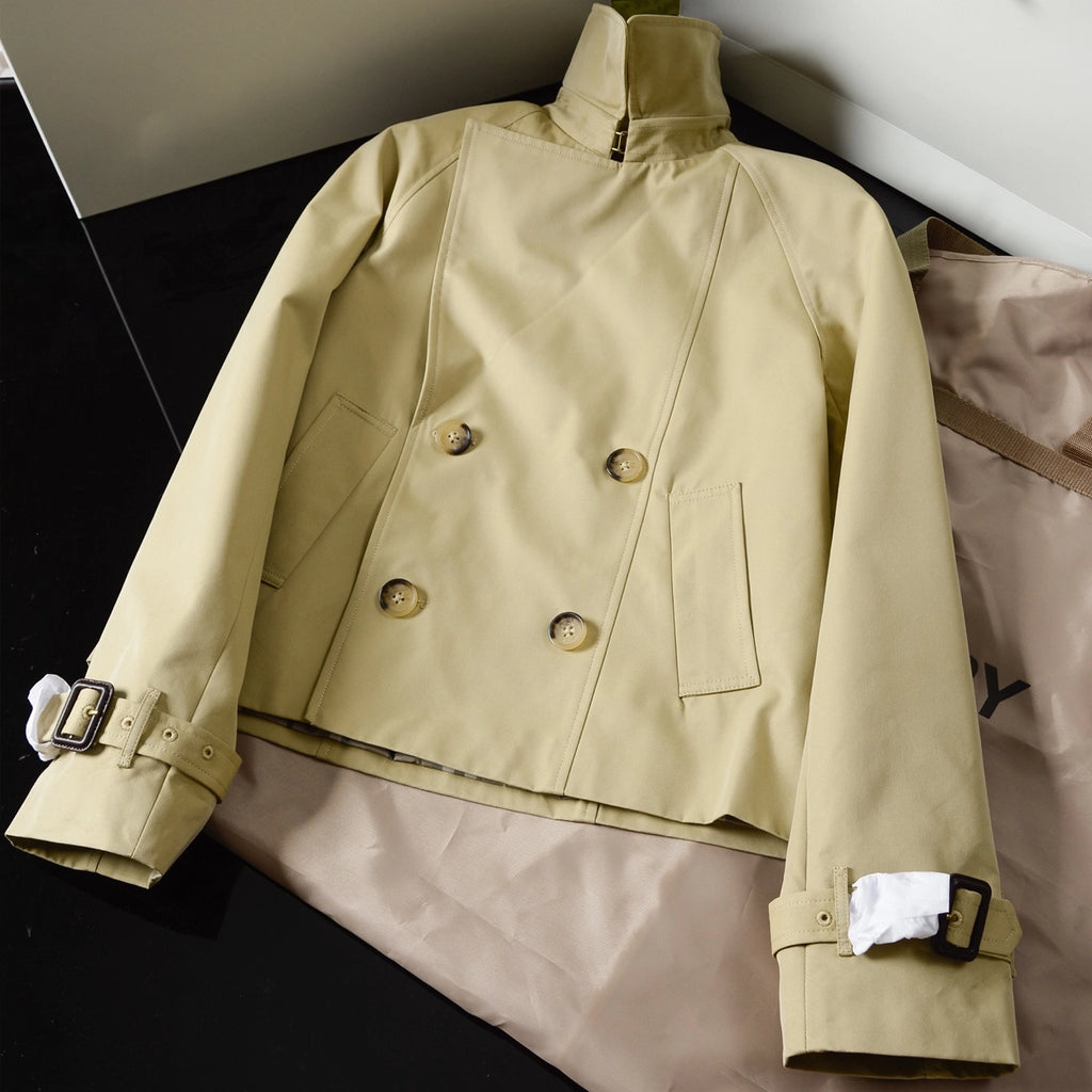 Women's Short Cotton-Blend Earth-Tone Windproof Trench Coat