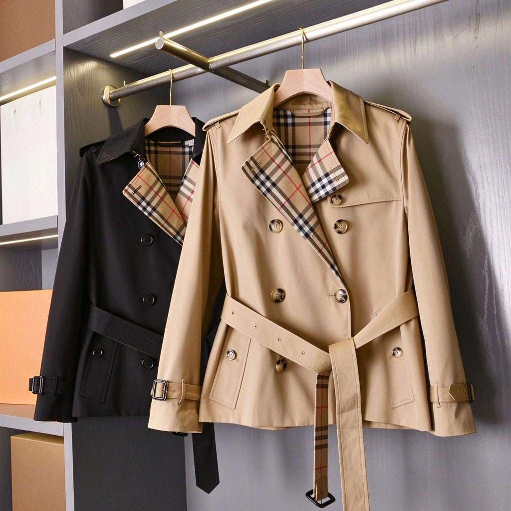 Short Gabardine Trench Coat, Waist-Defined Waterproof Jacket - Khaki, Black