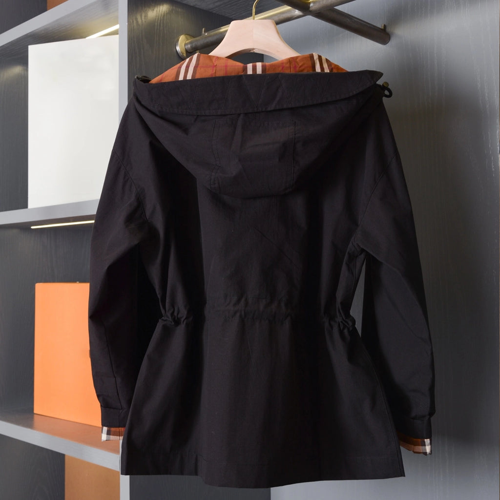 Hooded zip-up jacket, waist-cinched mid-length trench coat