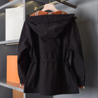 Hooded zip-up jacket, waist-cinched mid-length trench coat