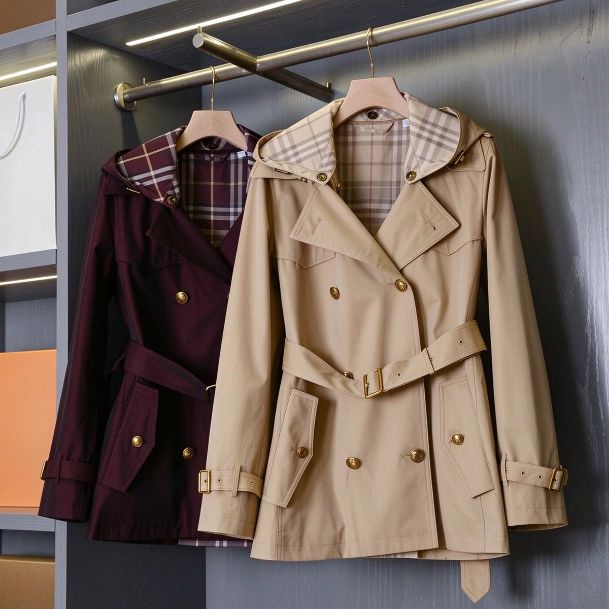 Short, lightweight gabardine trench coat with detachable hood – Salt Marsh Beige, Vineyard Red