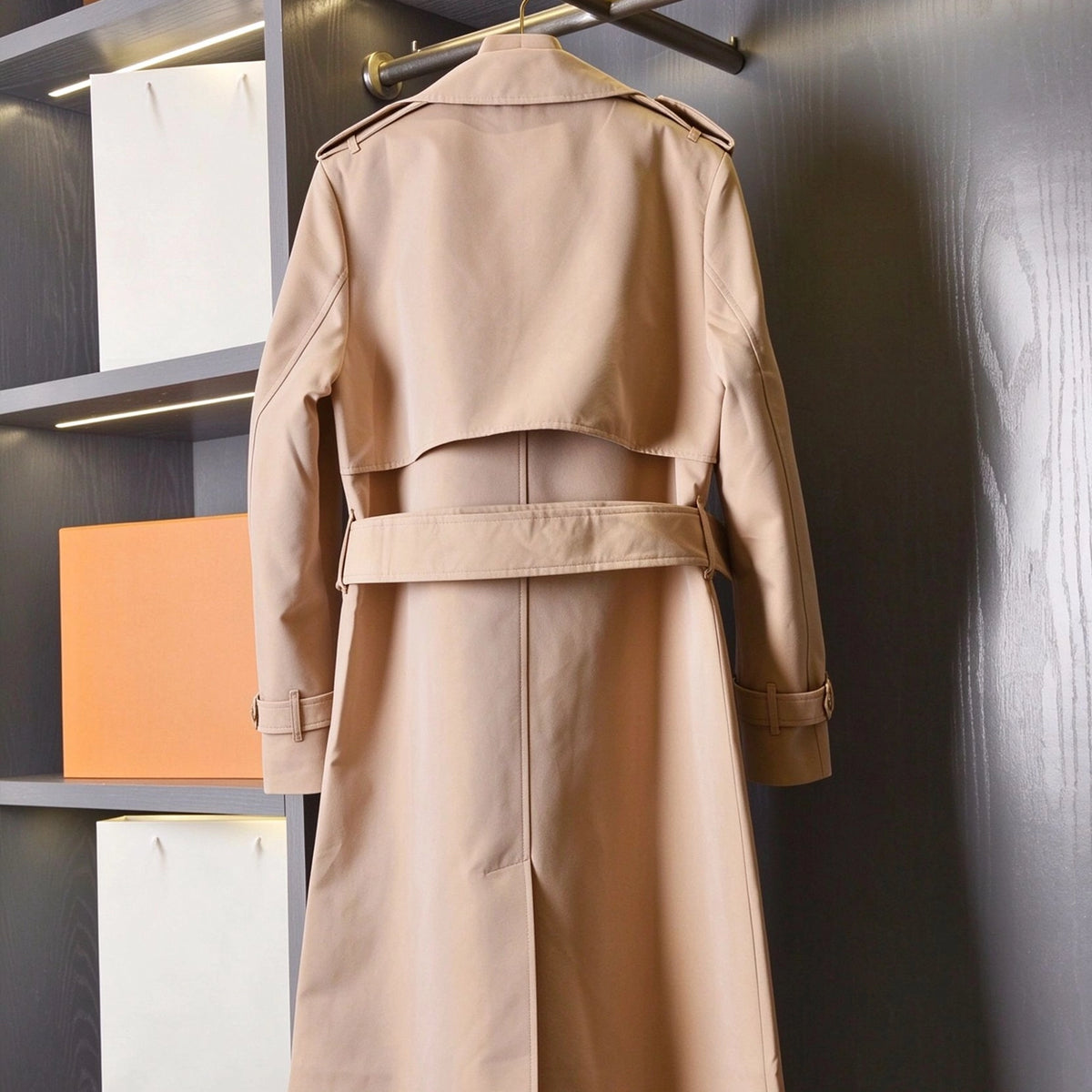 Women's Long Gabardine Trench Coat Double-Breasted Raglan Sleeve Belted Windbreaker - Khaki