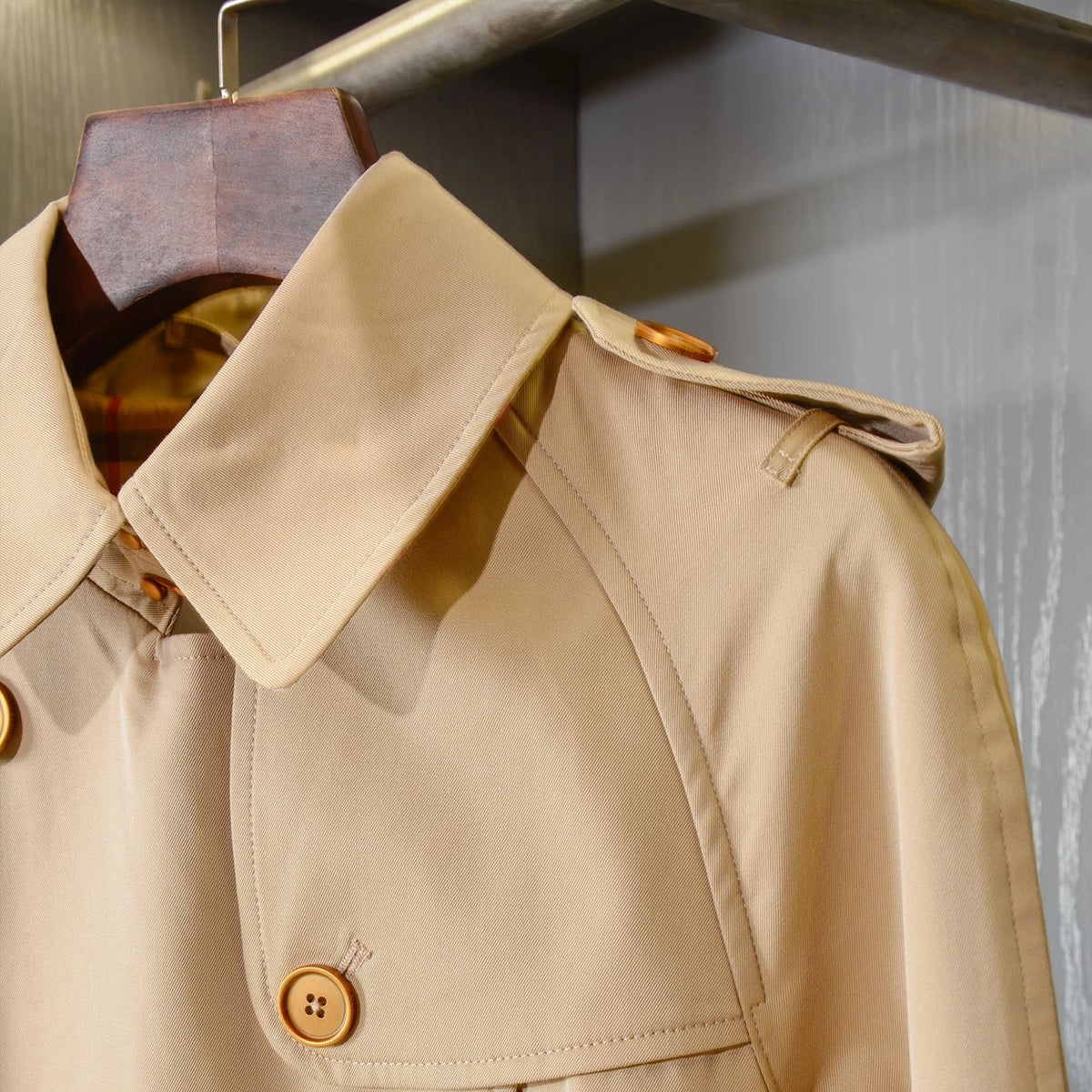 Women's Trench Coat with Metal Buttons, Double-Breasted, Belted - Khaki