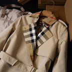 Women's large check collar cotton blend trench long coat