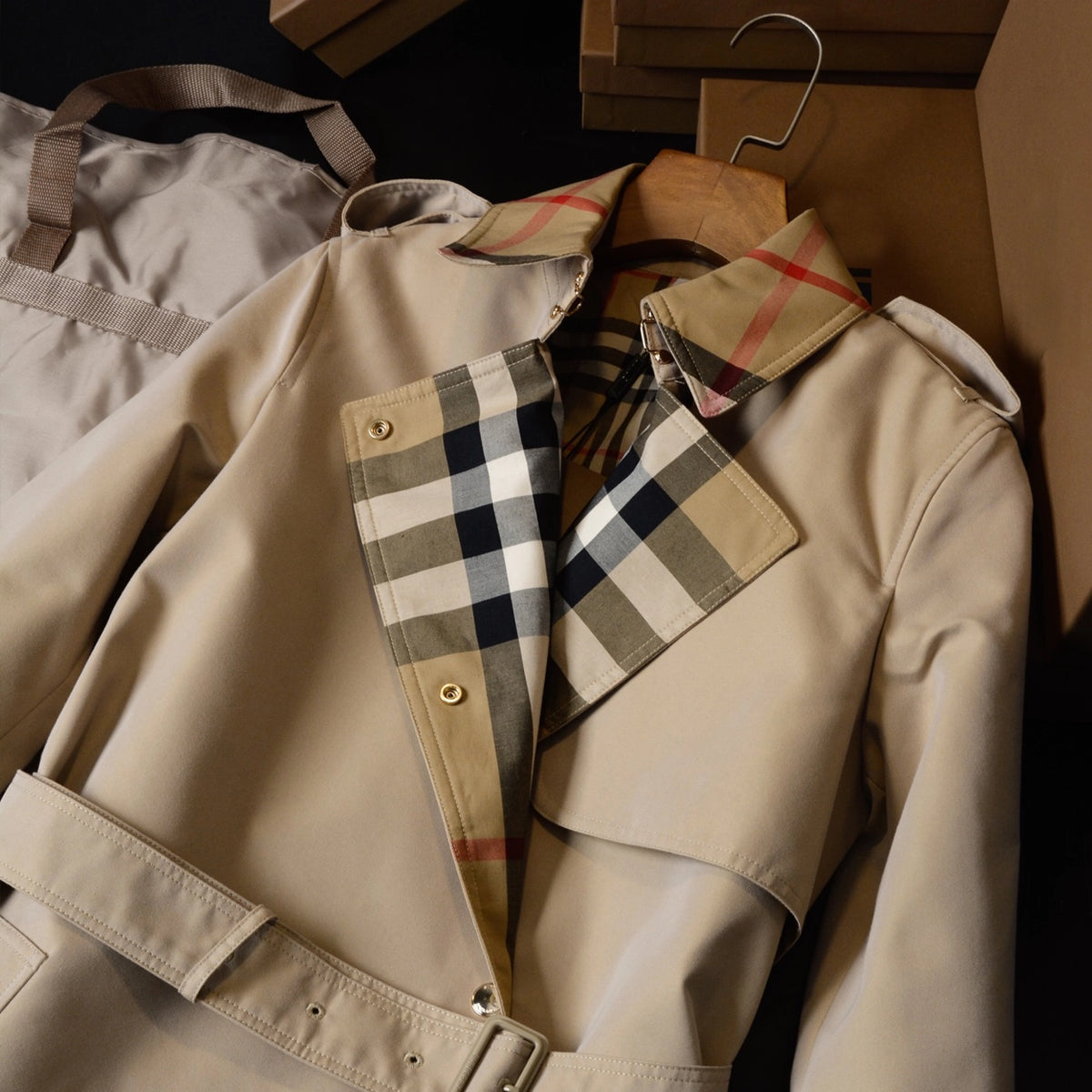 Women's large check collar cotton blend trench long coat