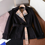Short Gabardine Trench Coat, Waist-Defined Waterproof Jacket - Khaki, Black