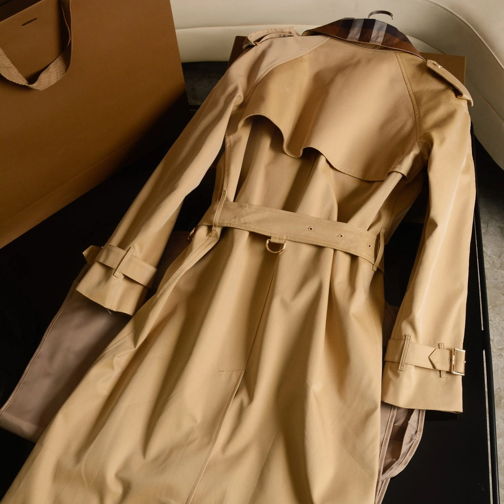 Women's long gabardine fabric trench coat with plaid lapel - Caramel