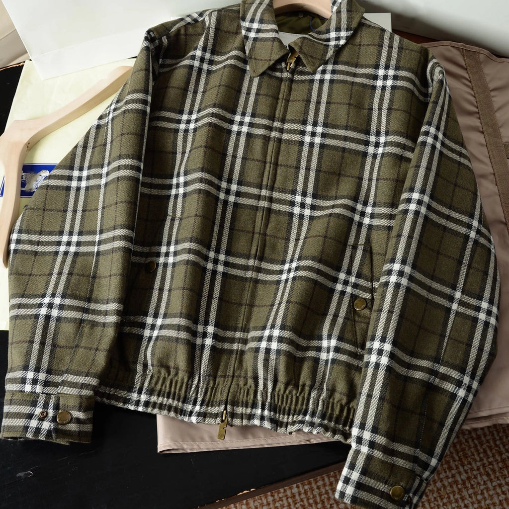 Unisex Plaid Patchwork Wool Harrington Jacket