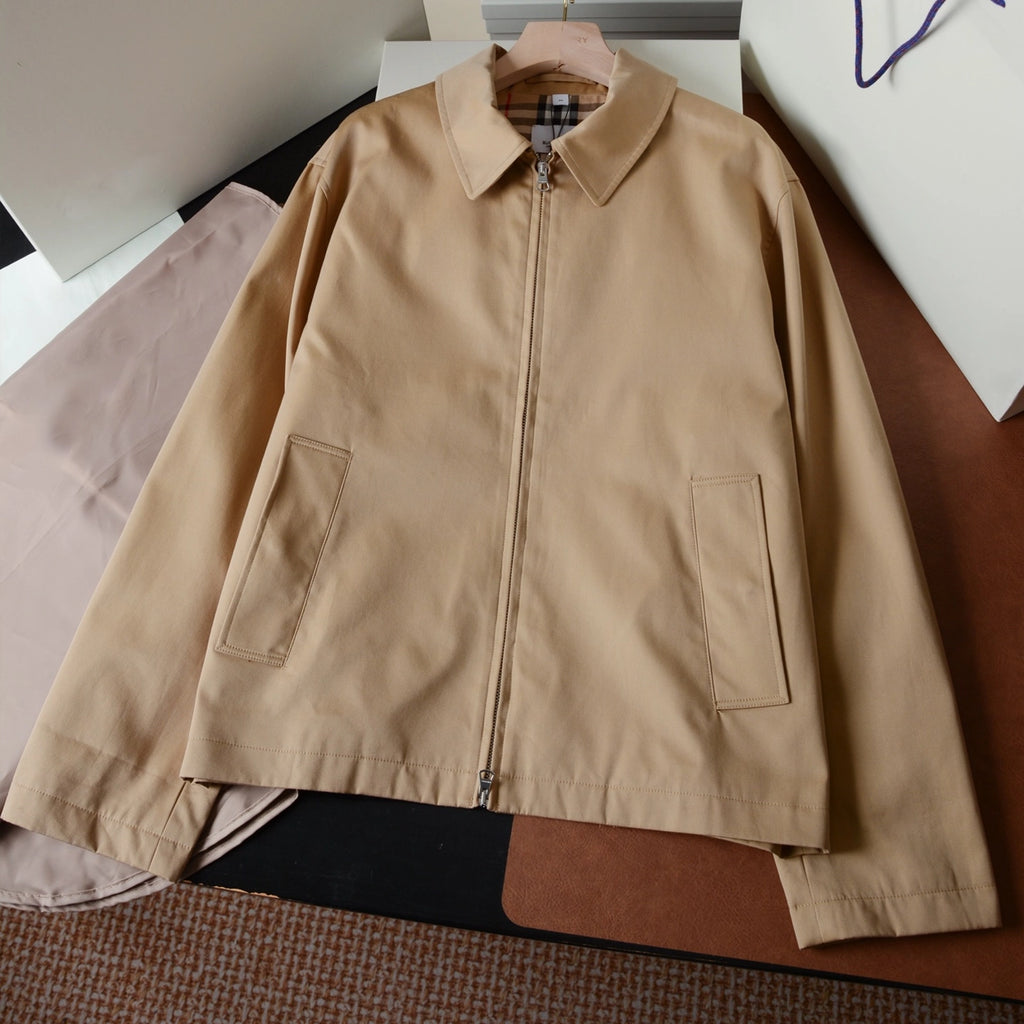 Loose Lapel Gabardine Jacket, Simple Cotton Windbreaker - Khaki, Black