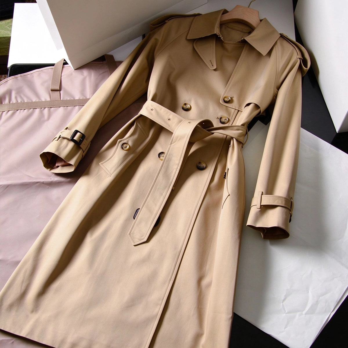 Women's Long Gabardine Lightweight Windproof Coat - Khaki, Black