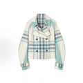 Waist-length short double-breasted blue-green plaid patchwork trench coat, women's fitted jacket - Tide Blue