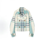 Waist-length short double-breasted blue-green plaid patchwork trench coat, women's fitted jacket - Tide Blue