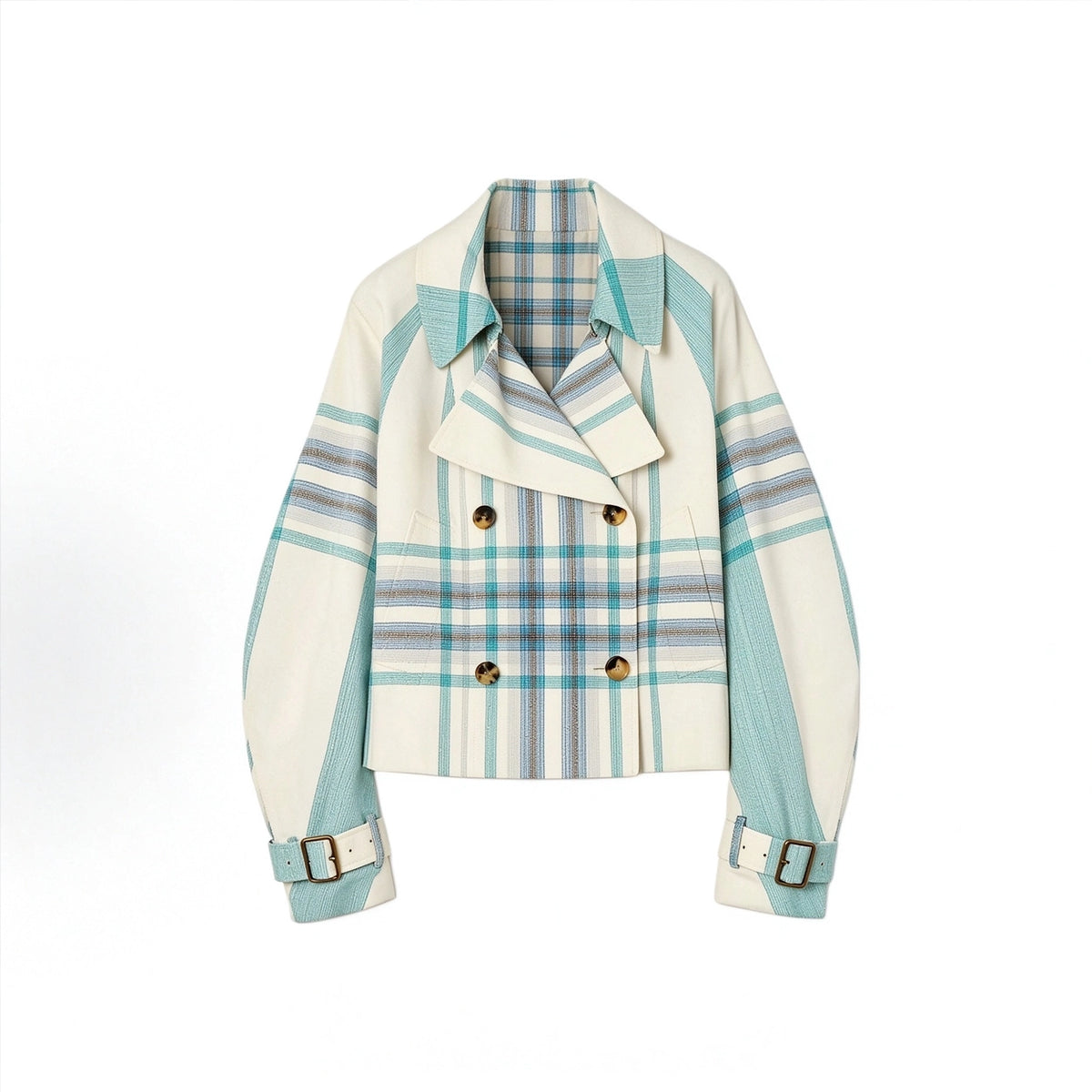 Waist-length short double-breasted blue-green plaid patchwork trench coat, women's fitted jacket - Tide Blue