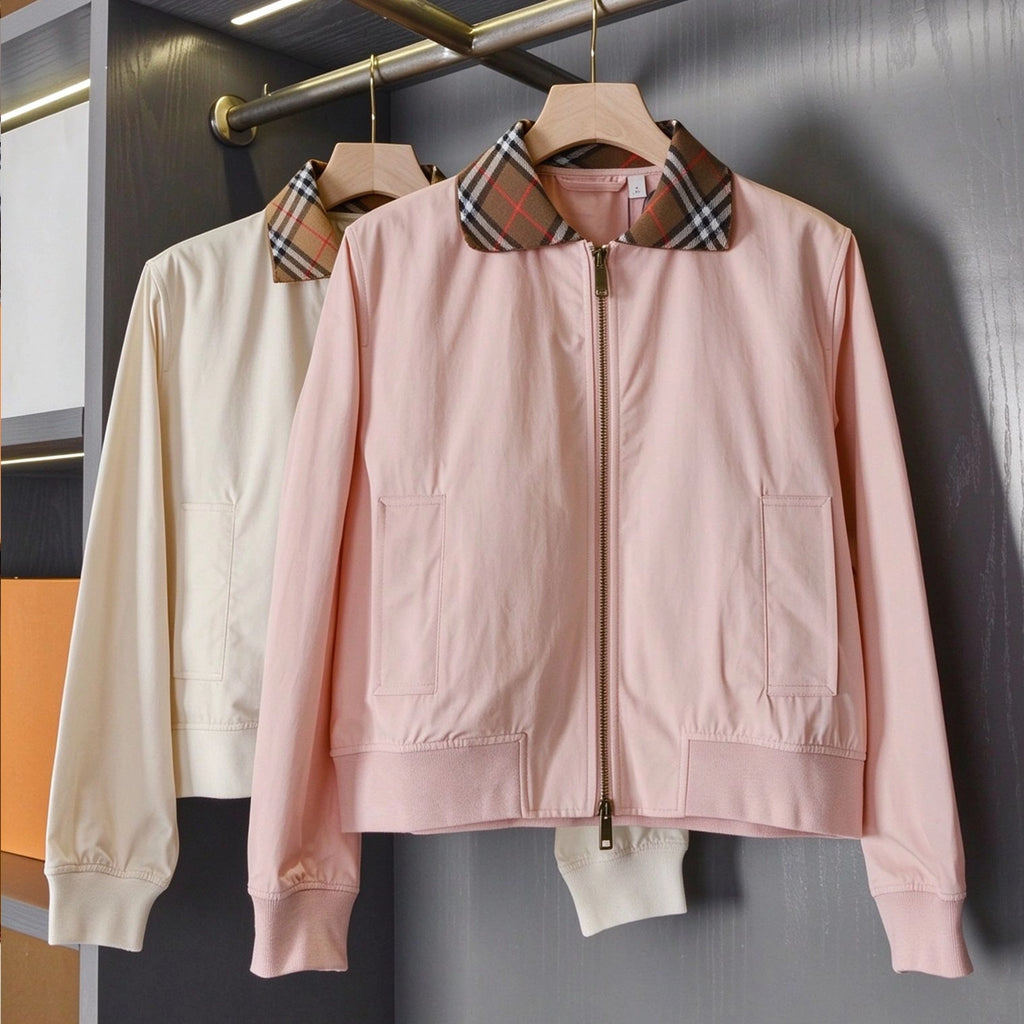 British-style short Harrington jacket, lightweight gabardine windbreaker for women - Tundra White, Pink Pearl