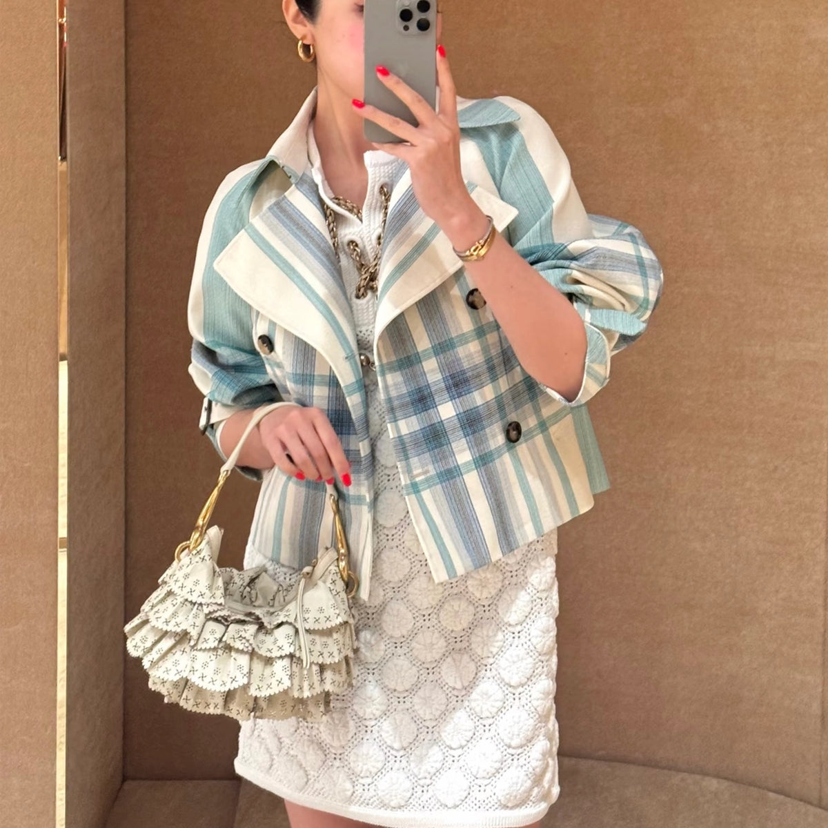 Waist-length short double-breasted blue-green plaid patchwork trench coat, women's fitted jacket - Tide Blue