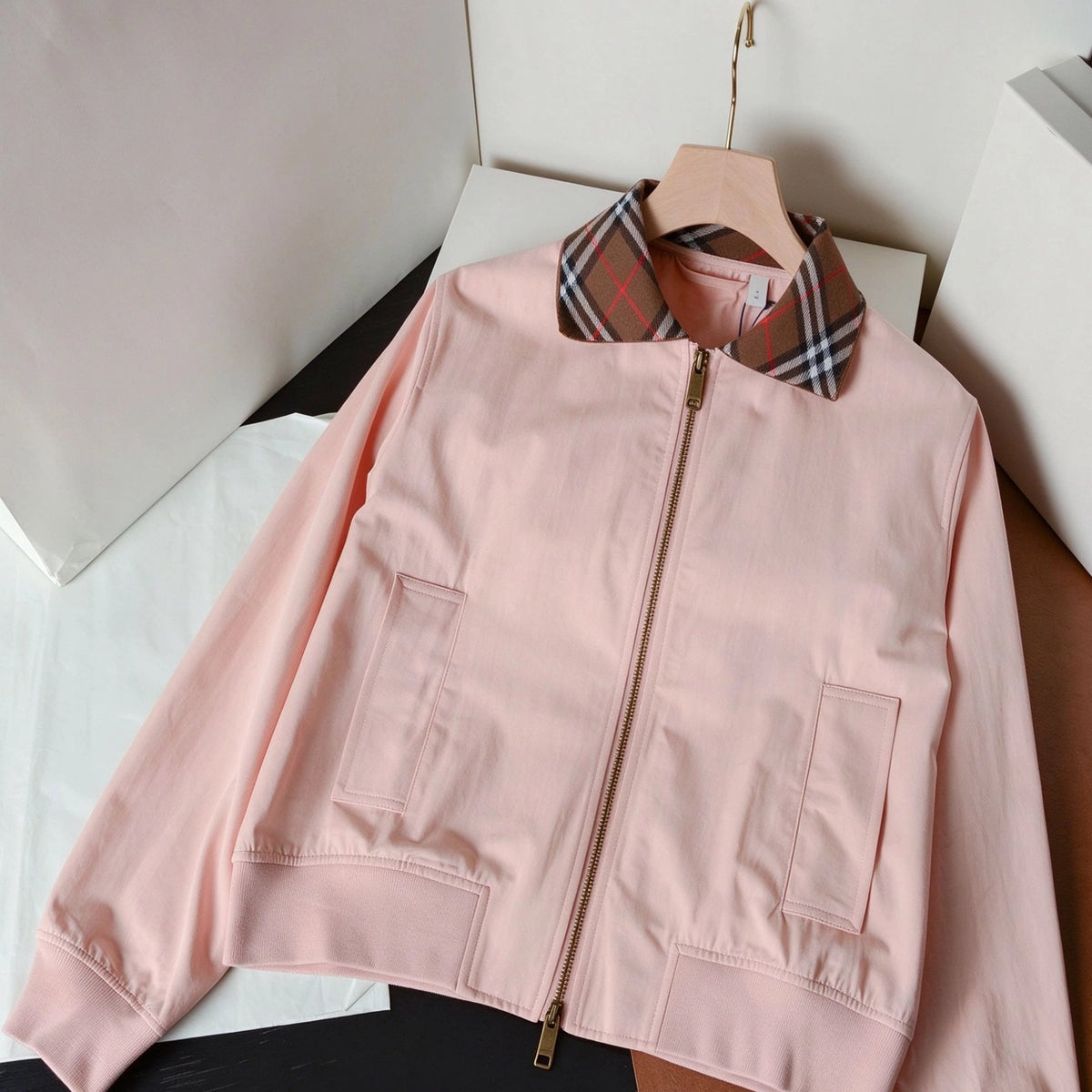 British-style short Harrington jacket, lightweight gabardine windbreaker for women - Tundra White, Pink Pearl