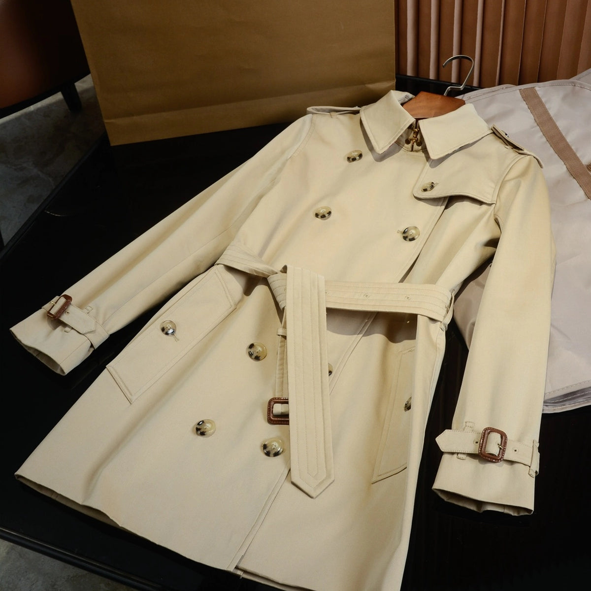Women's Short Gabardine Double-Breasted Windbreaker Jacket - Available in Two Colors