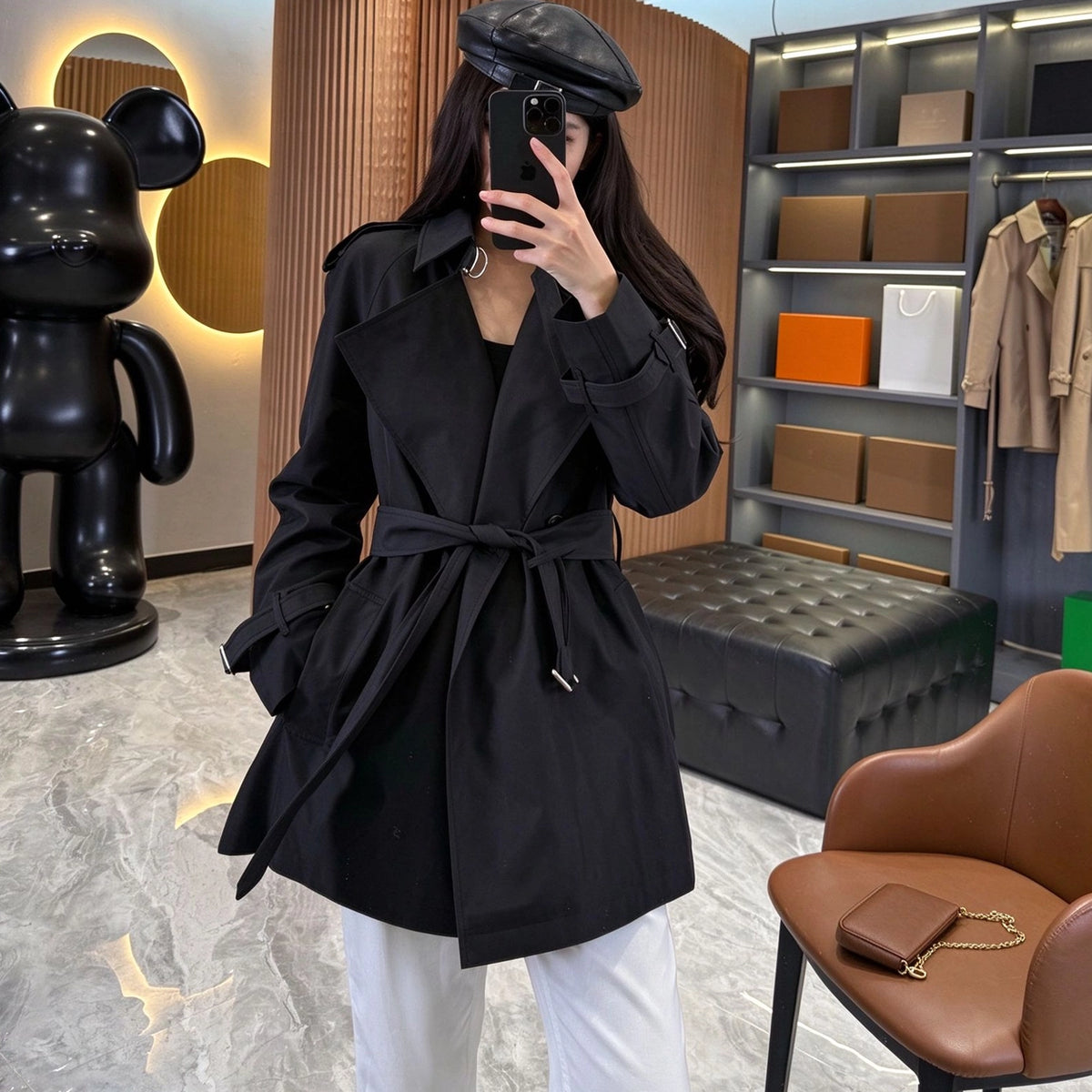 Women's Mid-Length Gabardine Trench Coat - Khaki, Black