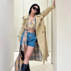 Women's Long Gabardine Trench Coat Double-Breasted Raglan Sleeve Belted Windbreaker - Khaki