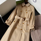 Women's Trench Coat with Metal Buttons, Double-Breasted, Belted - Khaki