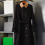 Women's large check collar cotton blend trench long coat