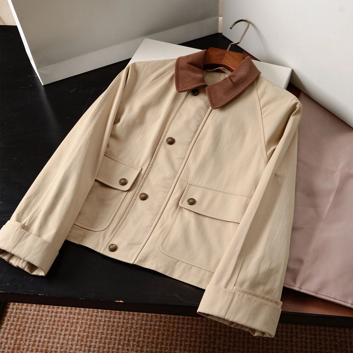 Women's Short Lightweight Trench Coat, Vintage Suede Lapel Jacket - Khaki, Army Green
