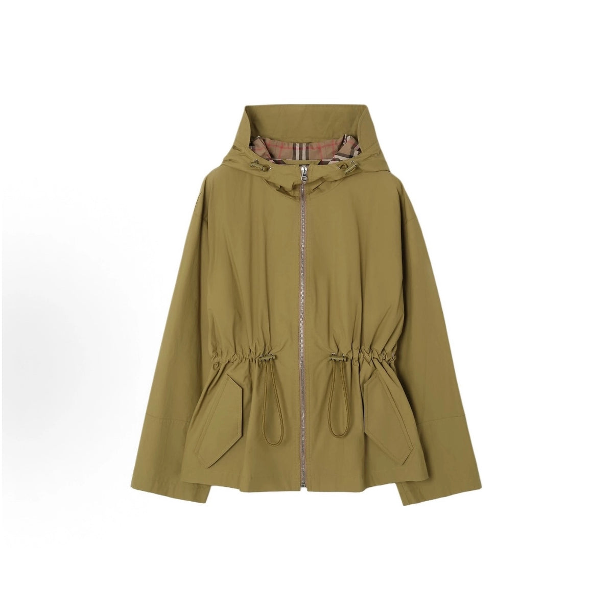 Women's Simple Hooded Waist-Cinching Trench Coat Zipper Jacket - Light Blush Red, Green
