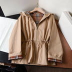 Hooded zip-up jacket, waist-cinched mid-length trench coat