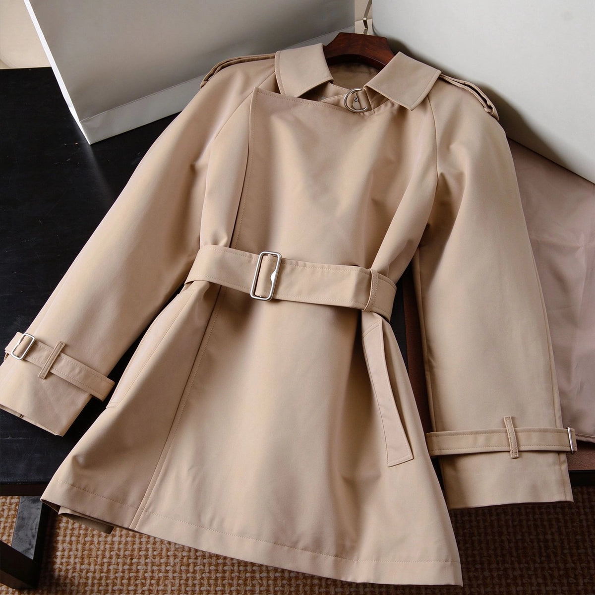Women's Mid-Length Gabardine Trench Coat - Khaki, Black