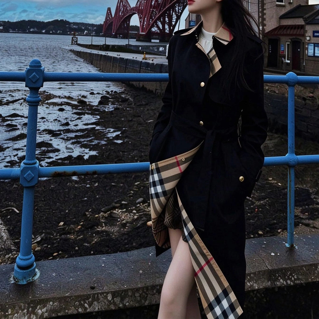 Women's large check collar cotton blend trench long coat