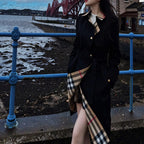 Women's large check collar cotton blend trench long coat