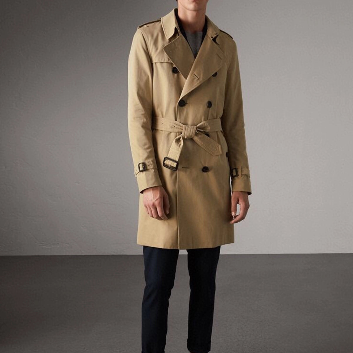 Men's Classic British-Style Long Trench Coat - Khaki