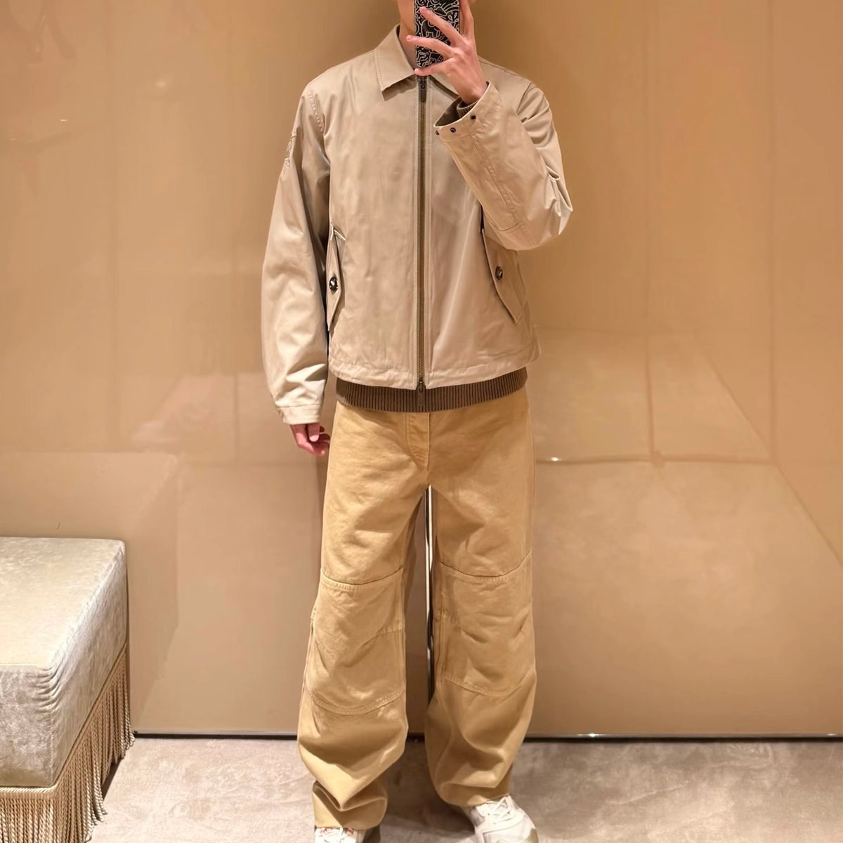 Unisex Gabardine Trench Coat with Belt, Simple Windbreaker Jacket - Army Green, Sand