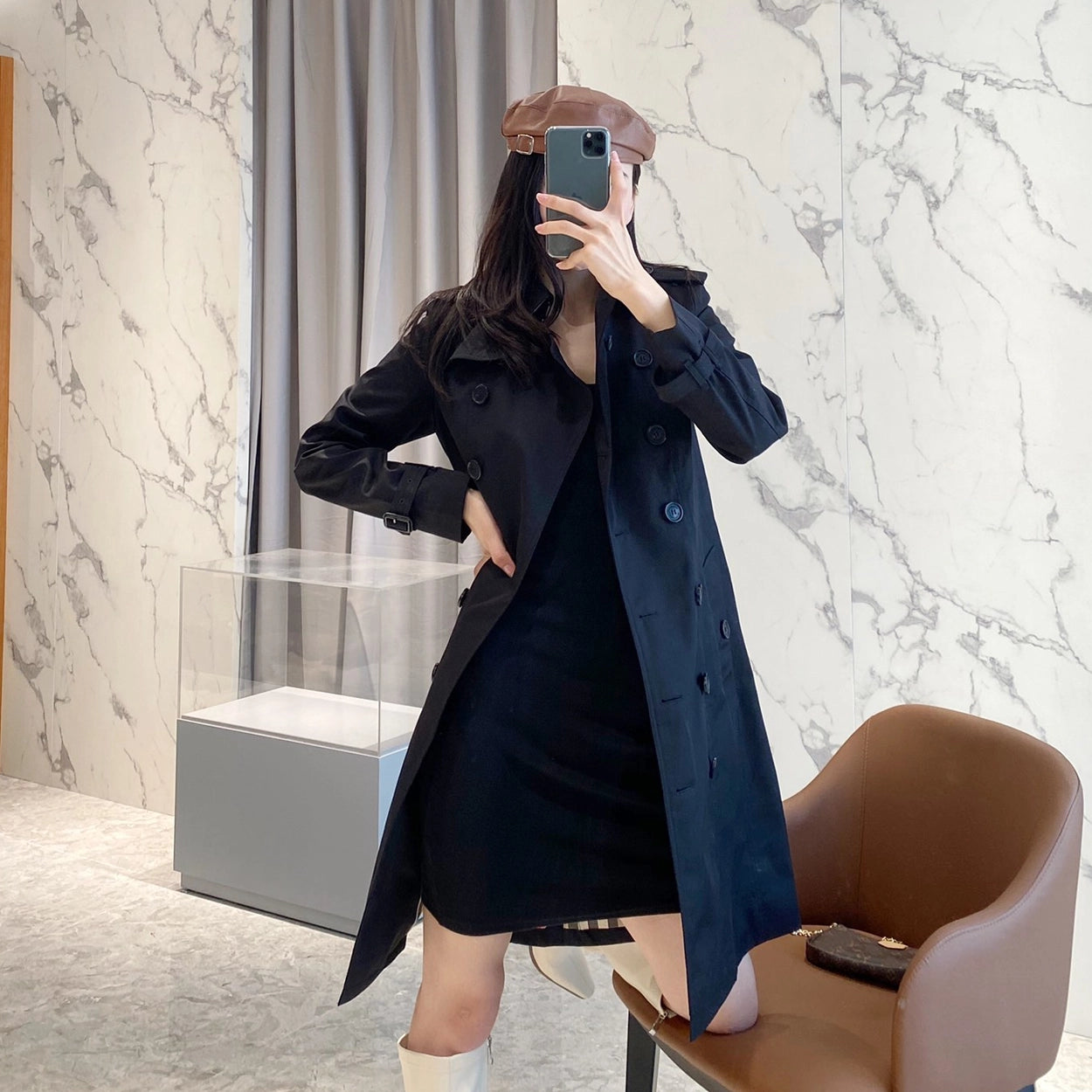 Women's Classic Mid-Length Trench Coat - Black