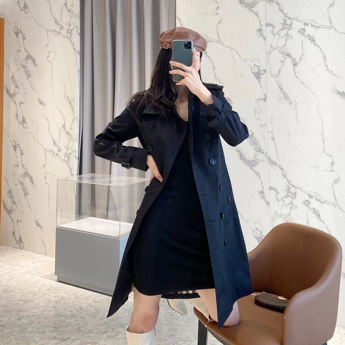 Women's Classic Mid-Length Trench Coat - Black